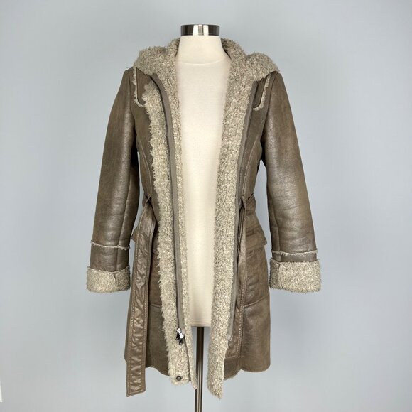 Kenneth Cole NY Womens Brown Faux Shearling Penny Lane Coat Hooded size Medium - Picture 10 of 15